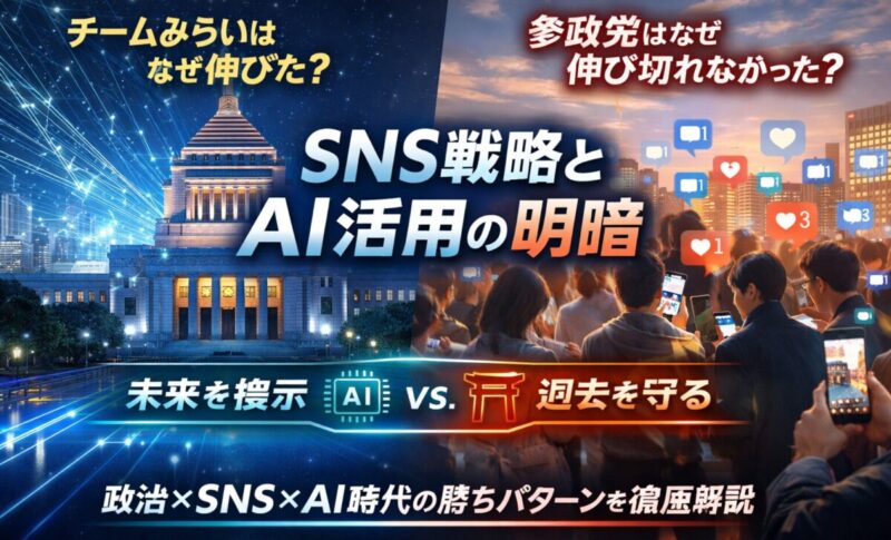 チームみらいがなぜ支持を伸ばし、参政党が伸び切れなかったのか。SNS戦略とAI活用の違いから徹底分析。政治×SNS×AI時代に勝つ組織の共通点と未来型マーケティングの本質を解説。