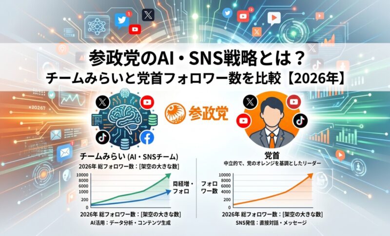 参政党とチームみらいのAI政策・SNS戦略を比較。神谷宗幣氏と安野貴博氏のX、Instagram、YouTubeフォロワー数を確認し、政党の取り組みから企業が学べるAI活用と情報発信を解説します。