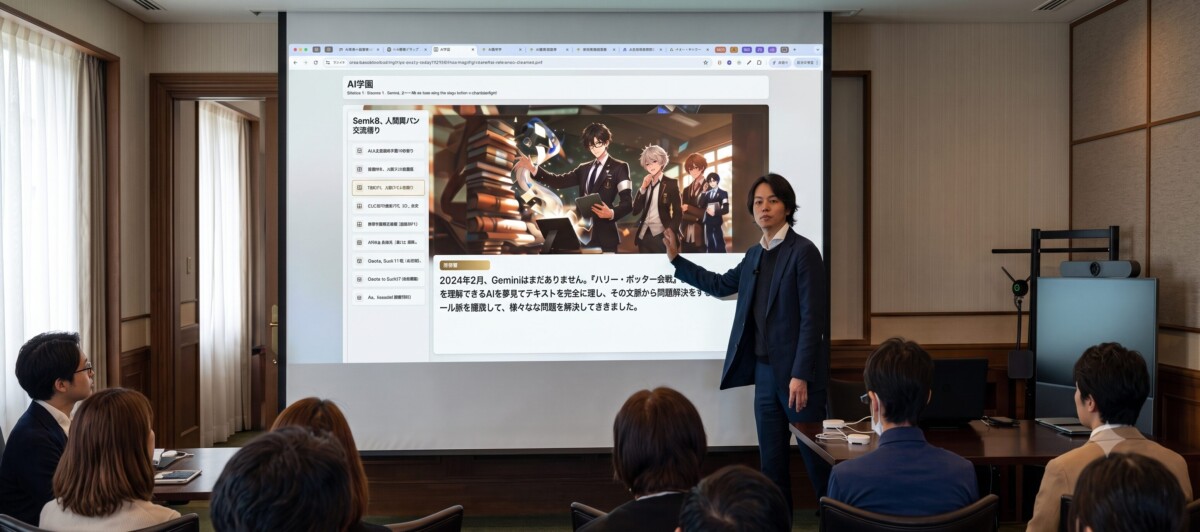 スクリーンを使ってAI活用を解説する企業研修のイメージ